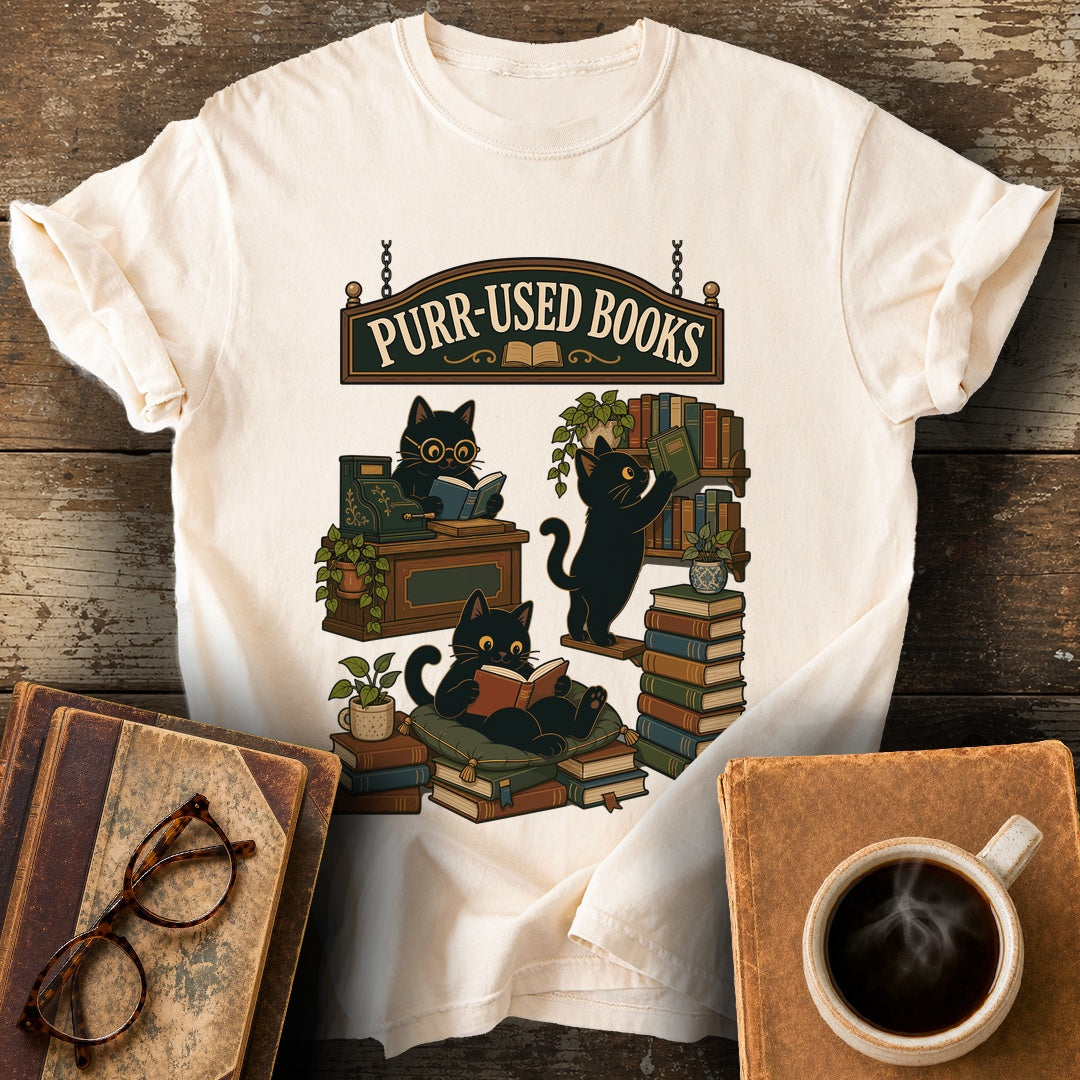Purr-Used Books Cat Stack Tee - ivory shirt mockup